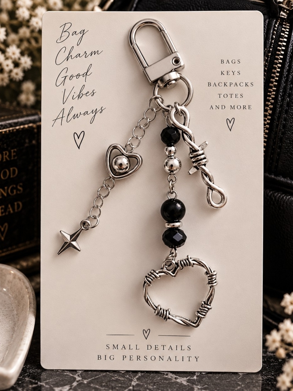 Silver-Tone Barbed Wire Heart & Cross Black Beaded Purse Charm New